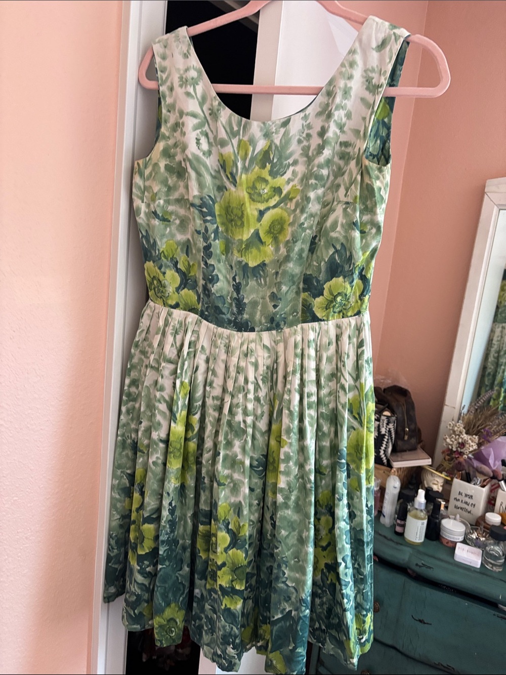 Vintage 1960’s Green Floral Sleeveless Fit-and-Flare Dress